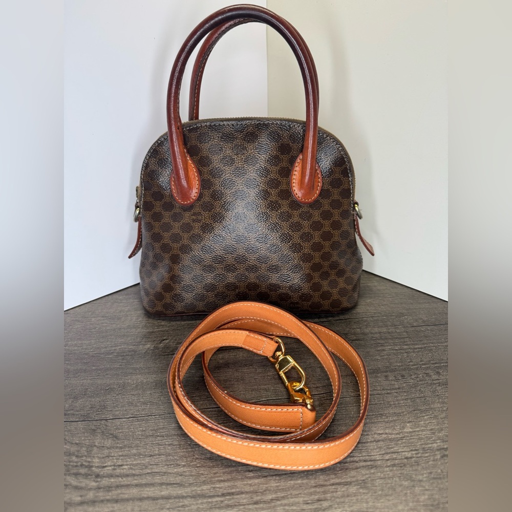 Celine Brown Monogram Dome Satchel with Tan Leather Handles & Strap
